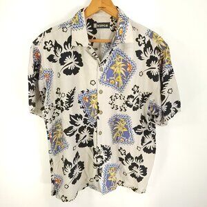 Vtg Wingo Hawaiian Button Front Shirt Men's Med Beige Black Floral Geometric